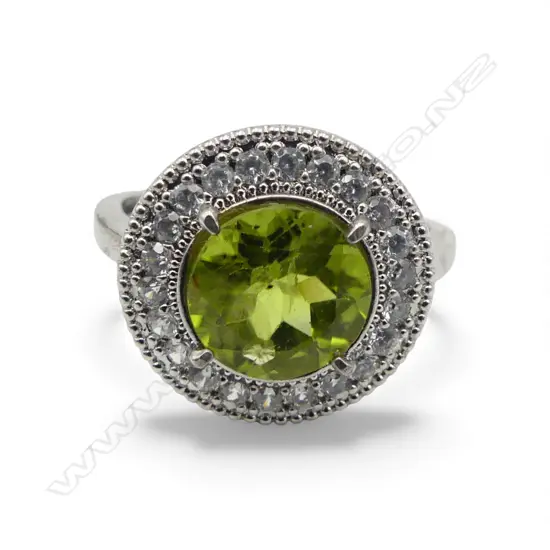 SILVER PERIDOT & CZ DRESS RING, AIG REPORT, adjustable size