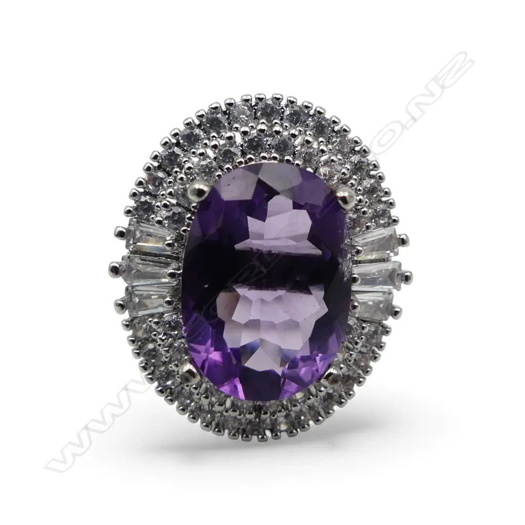 AMETHYST & CZ DRESS RING SILVER PLATED AIG REPORT SIZE P Image 1++