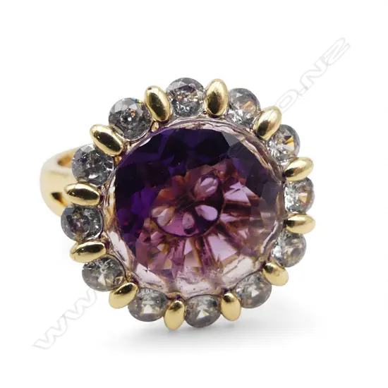AMETHYST & CZ DRESS RING GILT FINISH AIG REPORT adjustable size