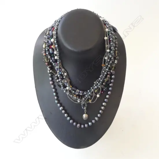 5 BEAD NECKLACES; BLACK PEARL ETC