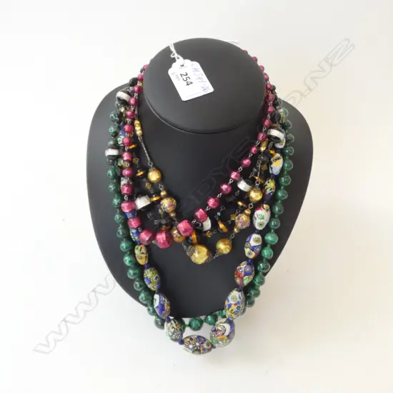 6 VENETIAN VINTAGE COLOURED GLASS BEAD & OTHER  NECKLACES with foil & speckled highlights + MALACHITE & Millefiori  etc