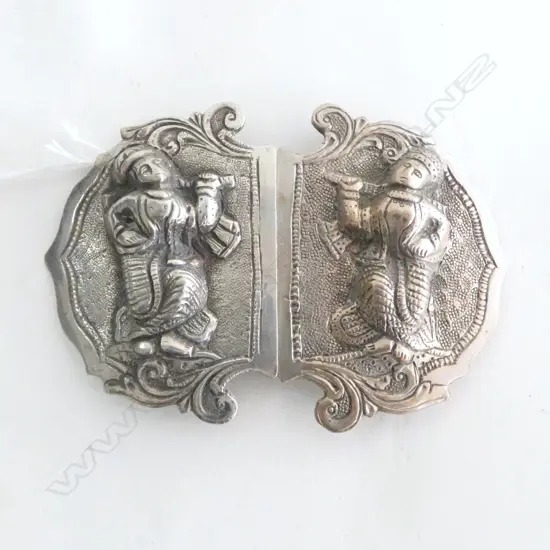 LARGE SIAM SILVER BELT BUCKLE 2 pce high relief dancing figures testing 60 to 70% silver 88gms