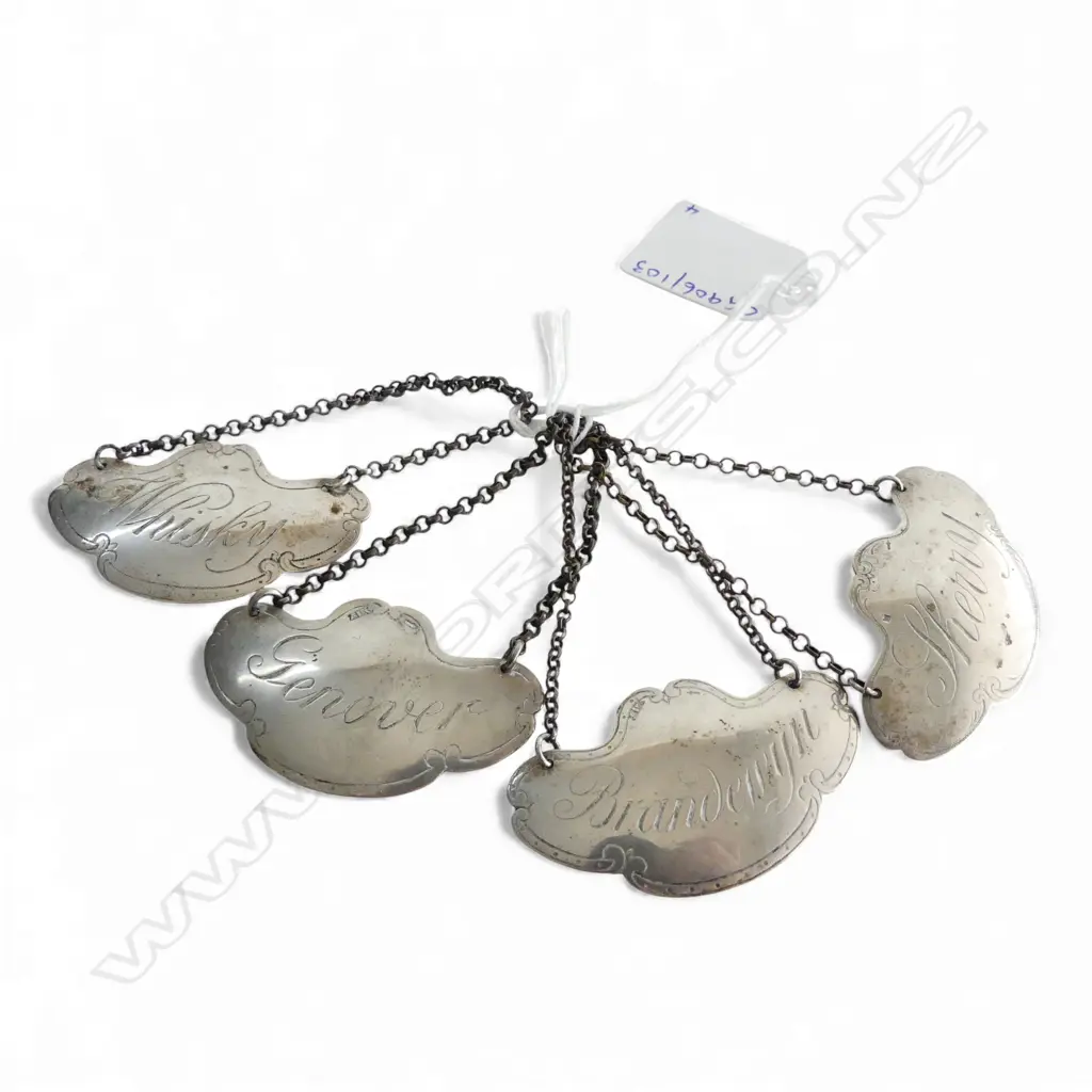 4 ANTIQUE 830 SILVER BOTTLE TICKETS BRANDY SHERRY ETC 35GMS Image 1++