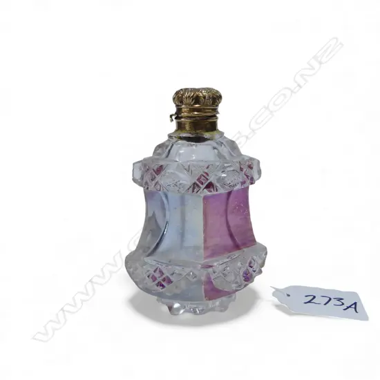 CUT CRYSTAL BOTTLE w. 15CT LID H.85mm (TOP BROKEN OFF 1.5gms + RIM)