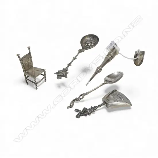 6 EURO SILVER PCES; 3 SPOONS, CHAIR, 2 OTHER 71gms