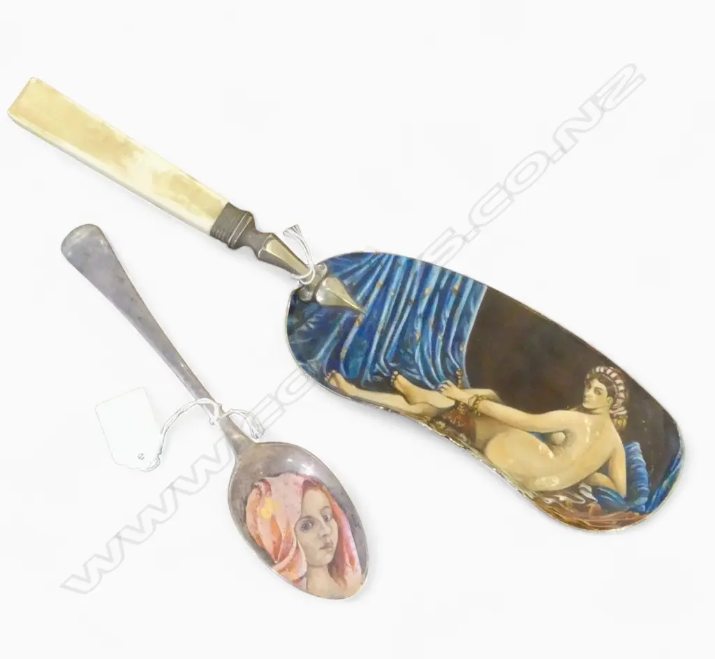CAROLYN MCCONDACH PAINTED SILVER plate SPOON & ANTIQUE CRUMB CATCHER WITH HAND PAINTING AFTER INGRES  Image 1++