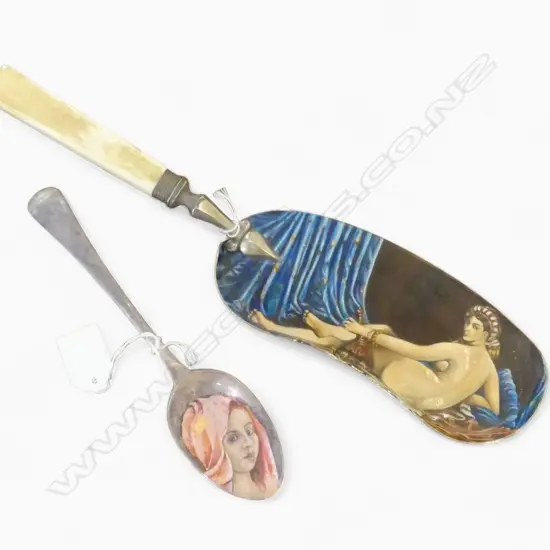 CAROLYN MCCONDACH PAINTED SILVER plate SPOON & ANTIQUE CRUMB CATCHER WITH HAND PAINTING AFTER INGRES 