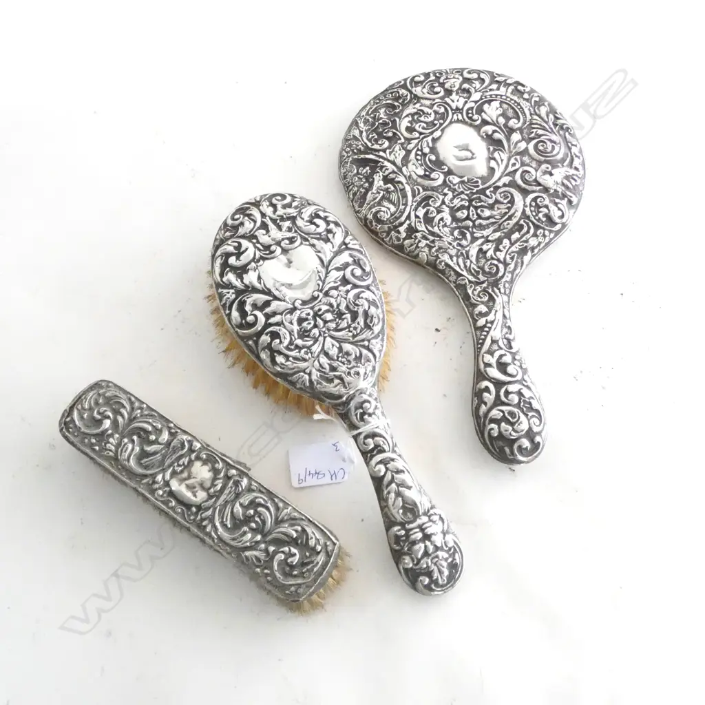 3 PCE STG SILVER DRESSING SET; 2 BRUSHES & MIRROR B'HAM 1908 FAULTS Image 1++