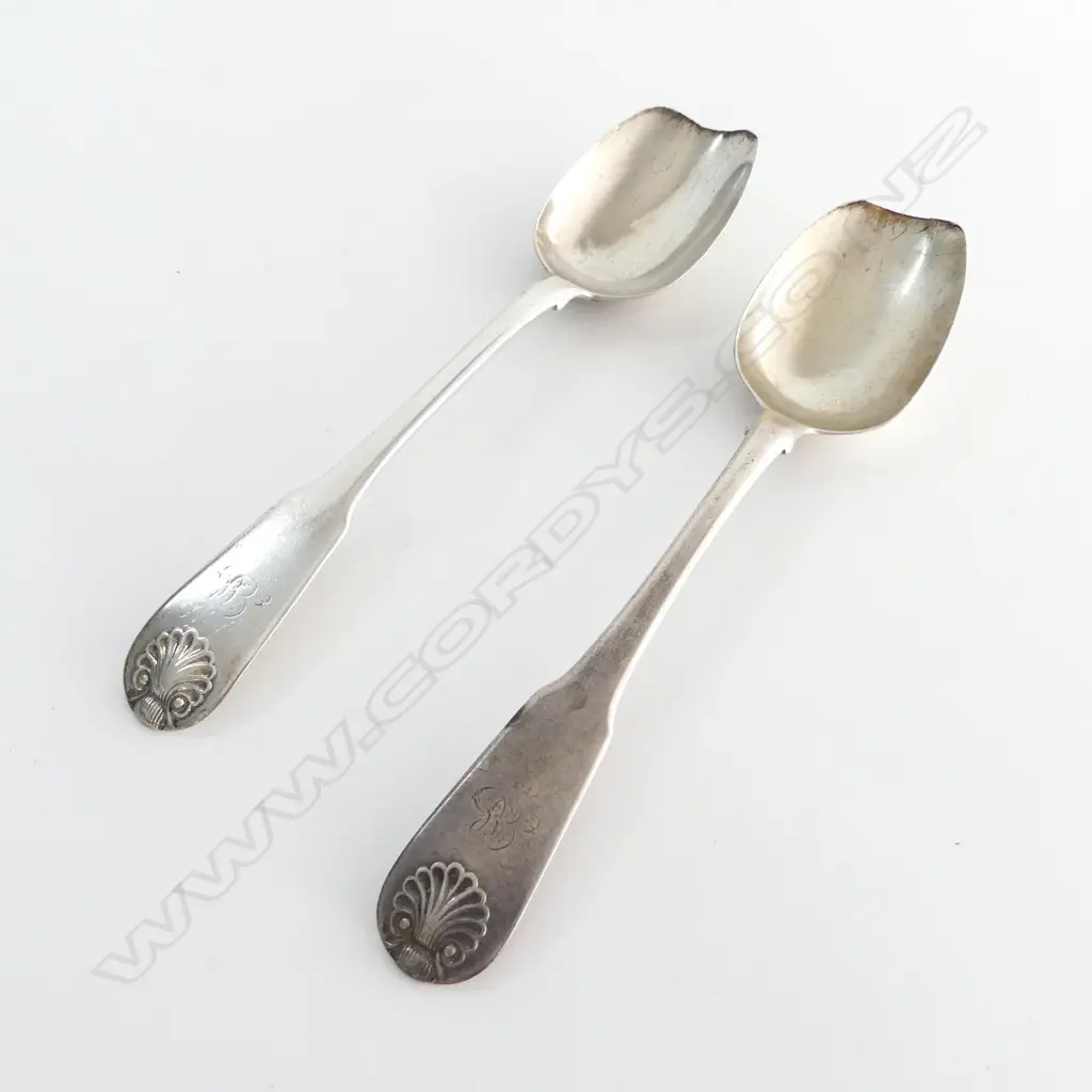 2 GEORGIAN S/SILVER TABLE SPOONS ENDS WORN 136GMS Image 1++