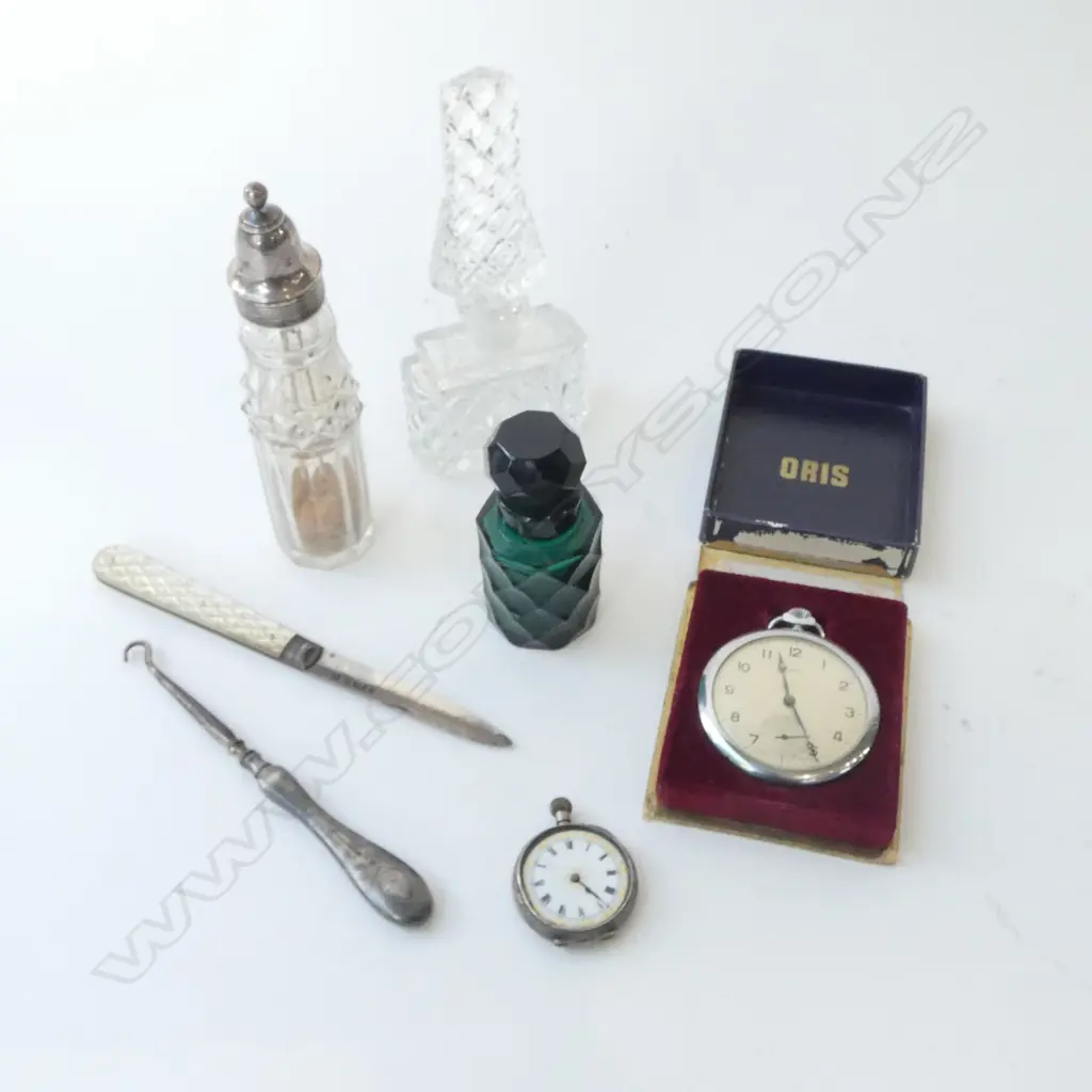 4 EARLY 20thC STG SILVER ITEMS, 2 SCENT BOTTLES & BOXED ORIS SWISS POCKET WATCH Image 1++