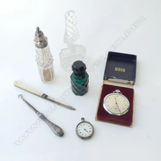 4 EARLY 20thC STG SILVER ITEMS, 2 SCENT BOTTLES & BOXED ORIS SWISS POCKET WATCH