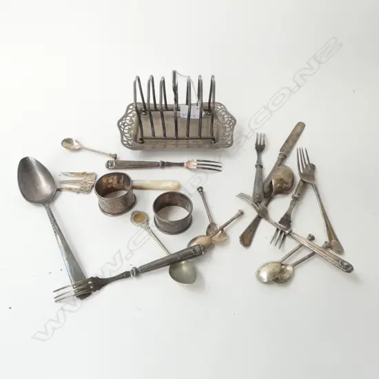 STG SILVER CUTLERY (7 SOLID + 2 NAPKIN RINGS 136gms) + 7 PARTIAL STG + EP TOAST RACK & 2 SPOONS