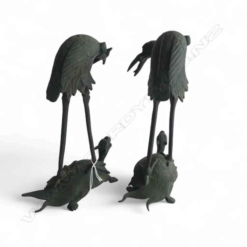 PR of early 20thC ORIENTAL (Japanese) BRONZE CRANES ON TURTLES BACKS H.230mm Image 1++
