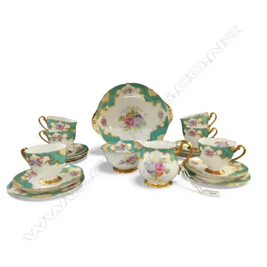 SHELLEY CHINA TEASET 6CSPS C/SUGAR & CAKE PLATE TOUQUOISE FLORAL PAT