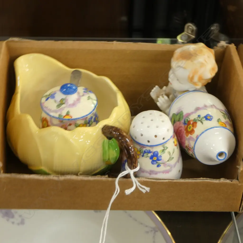 AYNSLEY CRUET SET (pepper chipped), PORCELAIN BABY DOLL & CARLTON WARE BUTTERCUP MILK JUG Image 1++