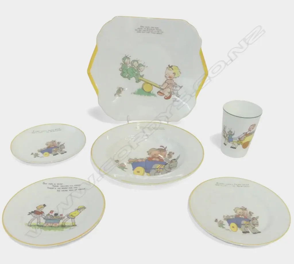 SHELLEY CHINA: Illustrations by MABEL LUCY ATTWELL 4 PLATES BEAKER + SHELLEY PLATE by Hilda Cowham Image 1++