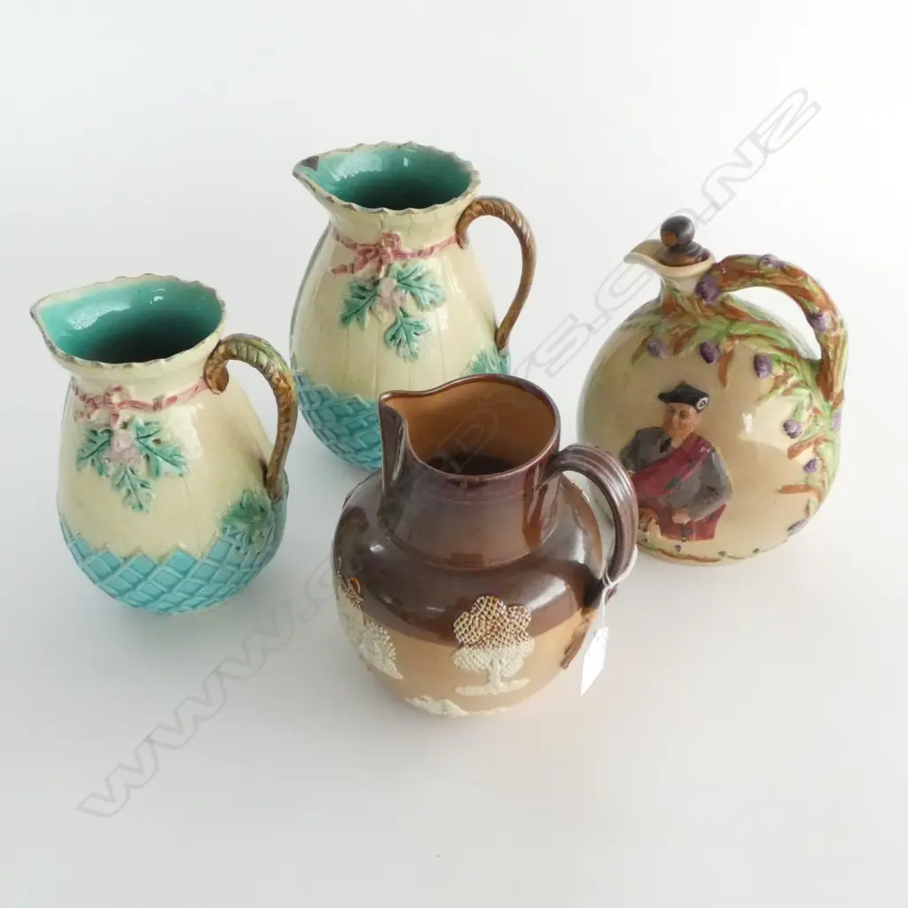 2 SARREGUEMINES MAJOLICA JUGS, ROYAL DOULTON LAMBETH JUG, DEVON MUSICAL JUGS all faults Image 1++