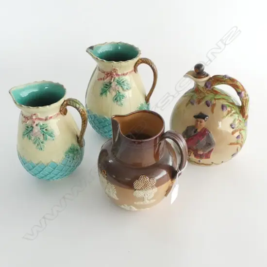 2 SARREGUEMINES MAJOLICA JUGS, ROYAL DOULTON LAMBETH JUG, DEVON MUSICAL JUGS all faults