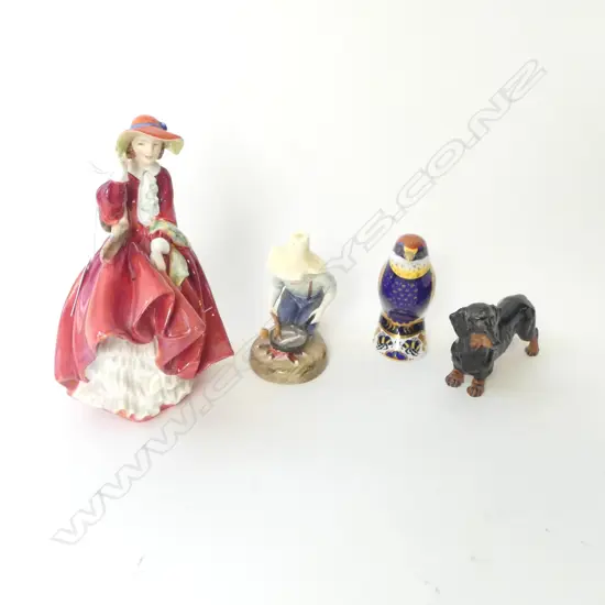 4 FIGURINES; ROYAL CROWN DERBY BEE-EATER, 3 ROYAL DOULTON; DOG, RIVER BOY, TOP O' THE HILL H.180mm