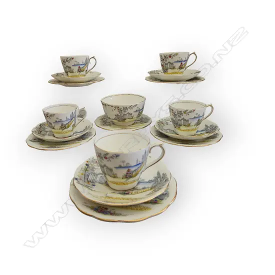 ROYAL ALBERT BONE CHINA TEACUPS AND SAUCERS IN THE "ROSEDALE" PATTERN.