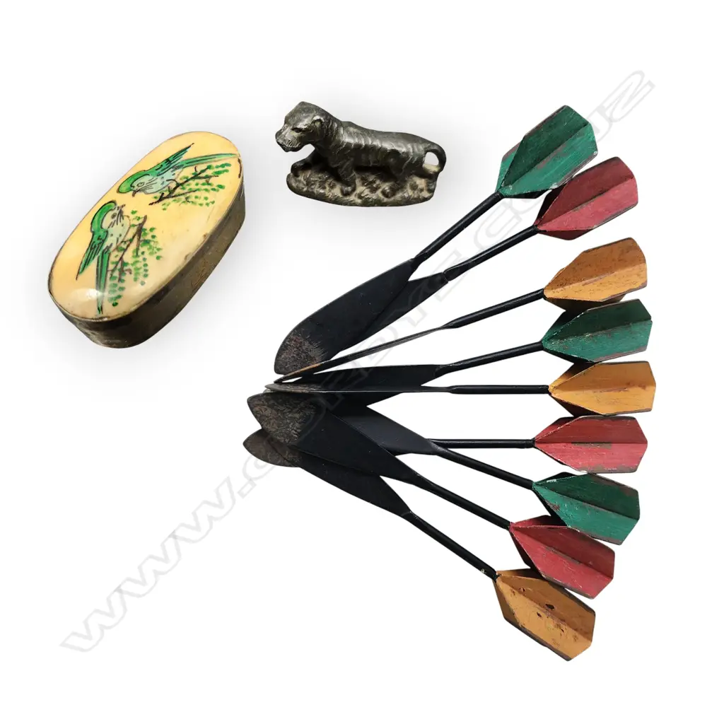 SET OF VINTAGE-STYLE POTTERY BARN DARTS + VINTAGE HAND-PAINTED BONE BIRD BOX AND A SMALL METAL TIGER FIGURINE Image 1++