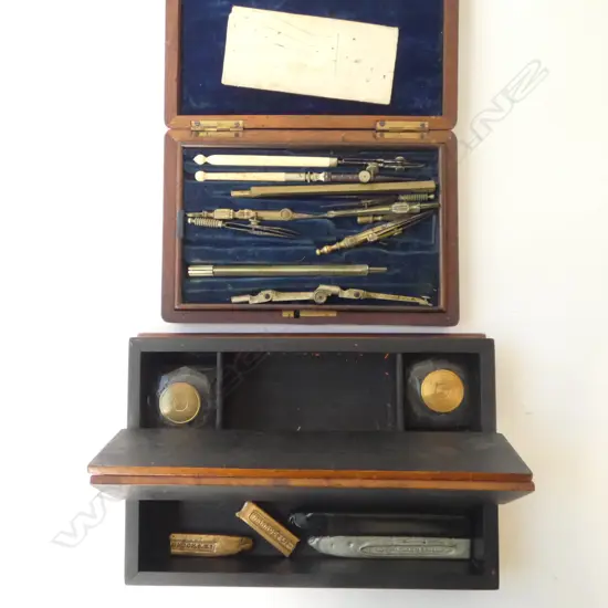 VINTAGE BOXED COMPASS SET + FLORAL PAINTED DESK STAND w. wax & wells