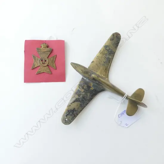 WWI KINGS ROYAL RIFLE CORPS CAP BADGE + BRASS FIGHTER ORNAMENT