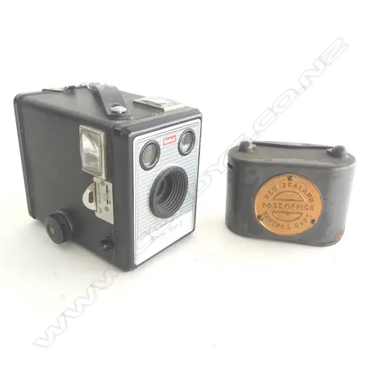 VINTAGE NZ POST MONEY TIN + KODAK BOX BROWNIE CAMERA