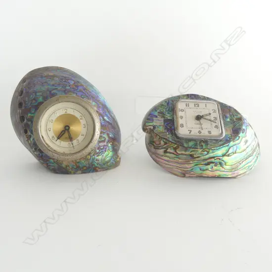 2 VINTAGE PAUA SHELL CLOCKS: Ataahua + Kelton