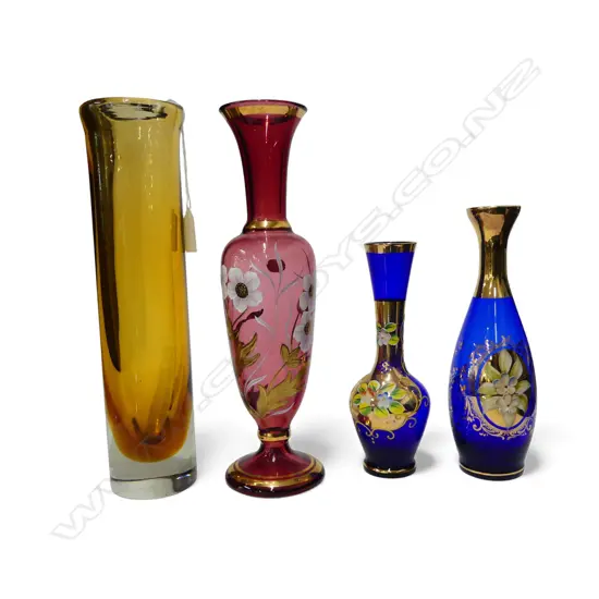 4 GLASS VASES; 3 VENETIAN + AMBER H.315mm