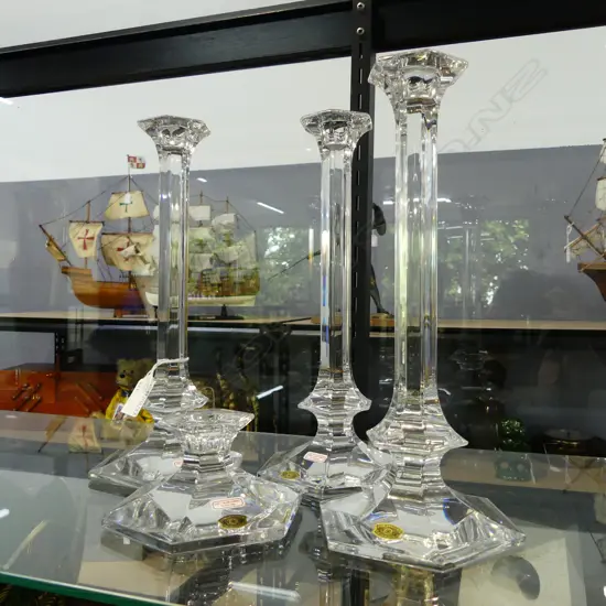 4 VAL SAINT LAMBERT CRYSTAL CANDLESTICKS (3x H.280mm, 1x 60mm)