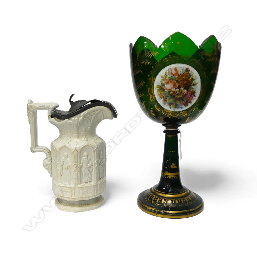 GREEN GLASS GOBLET H.305mm, LIDDED JUG Image 1++