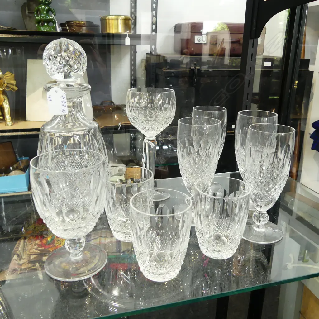 ASST. WATERFORD 'COLLEEN' PATTERN CRYSTAL: Decanter w tiny chip + 9 various drinking glasses Image 1++