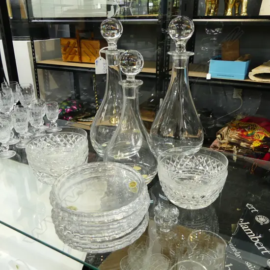 12 PCES VAL SAINT LAMBERT CRYSTAL; 3 DECANTERS, 4 COASTERS, 5 BOWLS