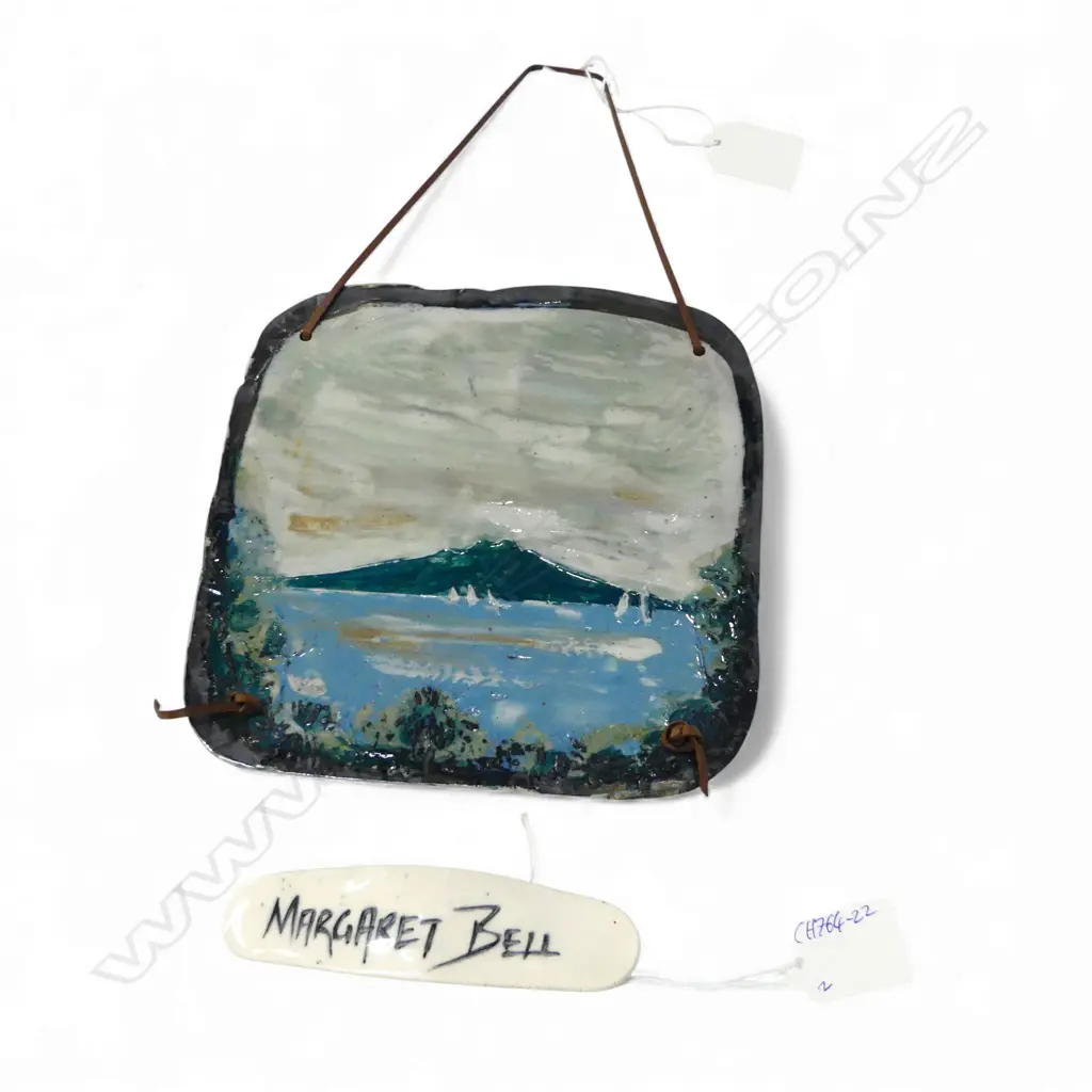 MARGARET BELL, RANGITOTO PLAQUE signed & dated '90 180x175mm + 'MARGARET BELL' PLAQUE Image 1++