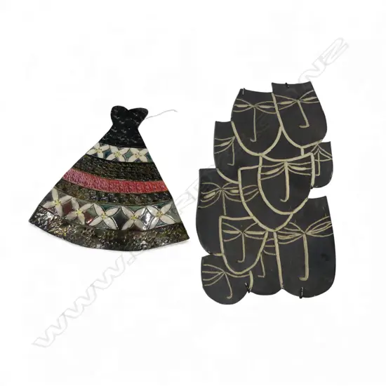 MARGARET BELL, N.Z. STUDIO POTTERY WALL HANGING DRESS & MASKS H.310mm