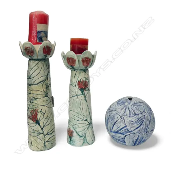 MARGARET BELL, 3 N.Z. STUDIO POTTERY PCES including pohutakawa candlesticks H.290mm