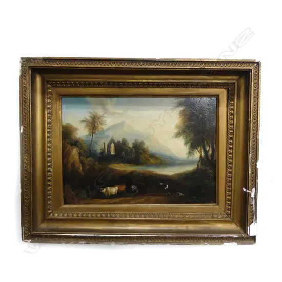 ANTIQUE 18/19thC PASTORAL LANDSCAPE OIL ON BOARD 310x450mm named 'BOTH' to reverse