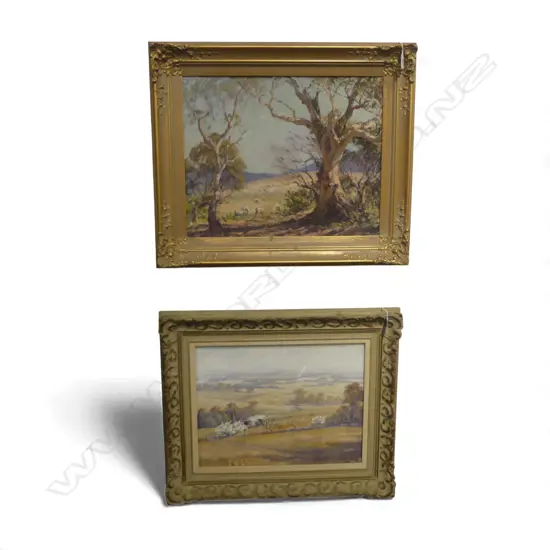 JOHN ROWELL, SHEEP COUNTRY, OIL ON CANVAS, 400x495 + DUDLEY PARKER, AUSTRALIAN LANDSCAPE, OIL ON BOARD