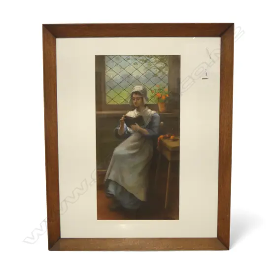 C.1900 PASTEL ARTWORK seated reading woman610 x 310mm