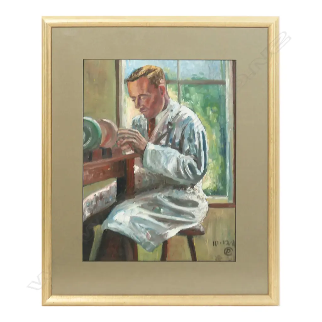 PHYLLIS MARY CROWLEY (1913-1994), MAN GLAZING/PAINTING POTTERY 1949, OIL ON BOARD, MONOGRAMMED & DATED 10.12.49 Image 1++