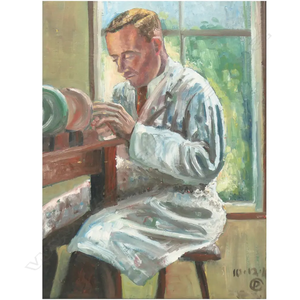 PHYLLIS MARY CROWLEY (1913-1994), MAN GLAZING/PAINTING POTTERY 1949, OIL ON BOARD, MONOGRAMMED & DATED 10.12.49 Image 1++