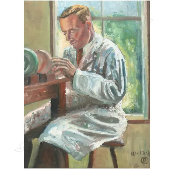 PHYLLIS MARY CROWLEY (1913-1994), MAN GLAZING/PAINTING POTTERY 1949, OIL ON BOARD, MONOGRAMMED & DATED 10.12.49