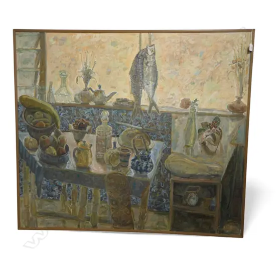 GRAHAM JONES, INTERIOR SCENE, OIL ON CANVAS 1040x1190mm SIGNED & DATED '82