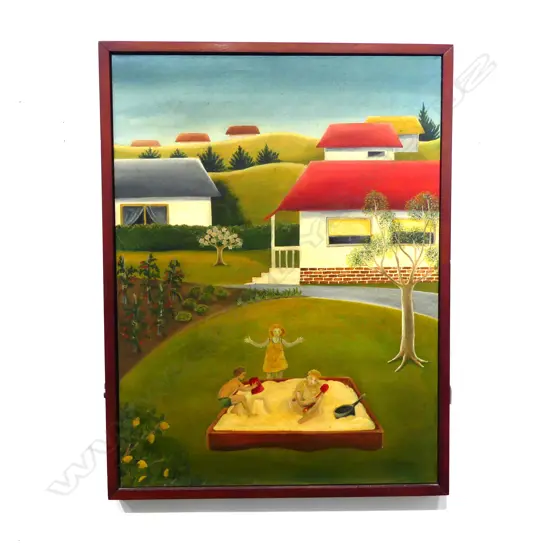 EIRLYS SHAND, THE SANDPIT, 1980. ACRYLIC ON CANVAS, 775x585mm