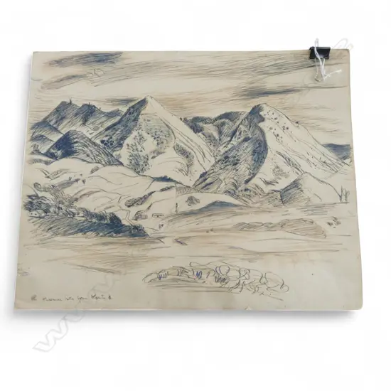 RUSSELL CLARK 'PAKANE HILLS FROM KOUTU' INK ON PAPER 335x420mm