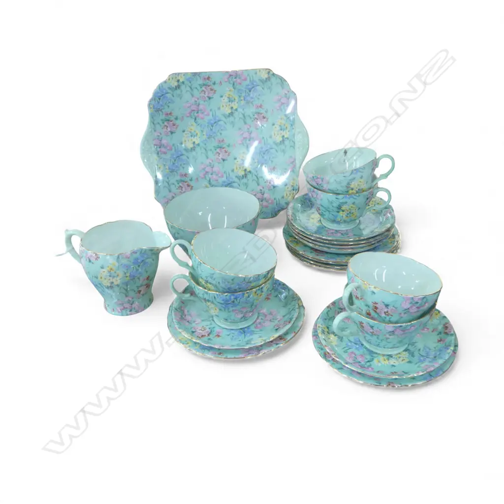 21 PCE SHELLEY 'MELODY' TEA SET; 3 TRIOS, CAKE PLATE, MILK & SUGAR Image 1++