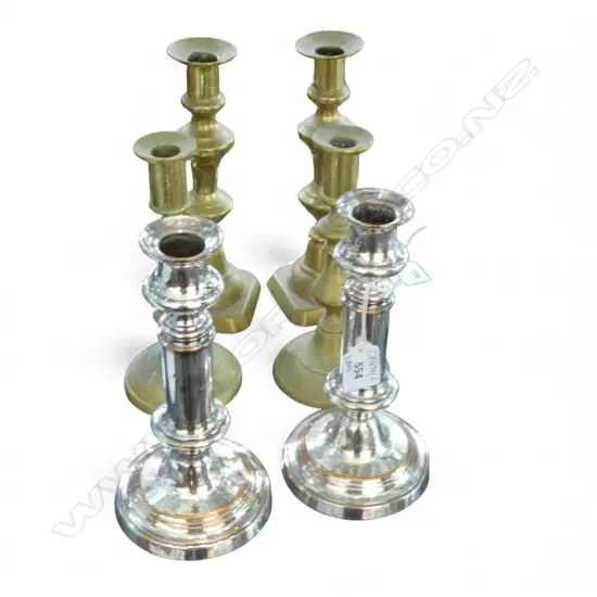 3 PRS CANDLESTICKS; 2 BRASS + SILVER OVER COPPER H.200mm
