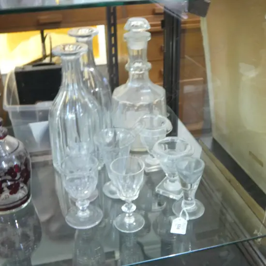 3 ANTIQUE DECANTERS (PR +1) H.250mm RIM CHIPS + 5 GLASSES & PR SALTS