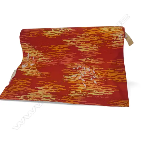 1980's NISHIJIN TEXTILE (Kyoto) JAPANESE ROLL OF PATTERNED SILK L.12m.W.360mm. New/old stock red/orange/yellow landscape